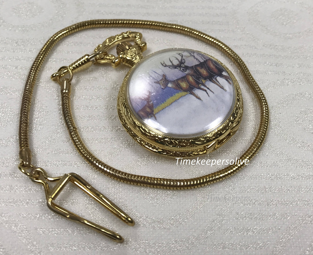 c181 Elegant Retro Style Golden Tone Deer Pendant/ Pocket Watch with Chain