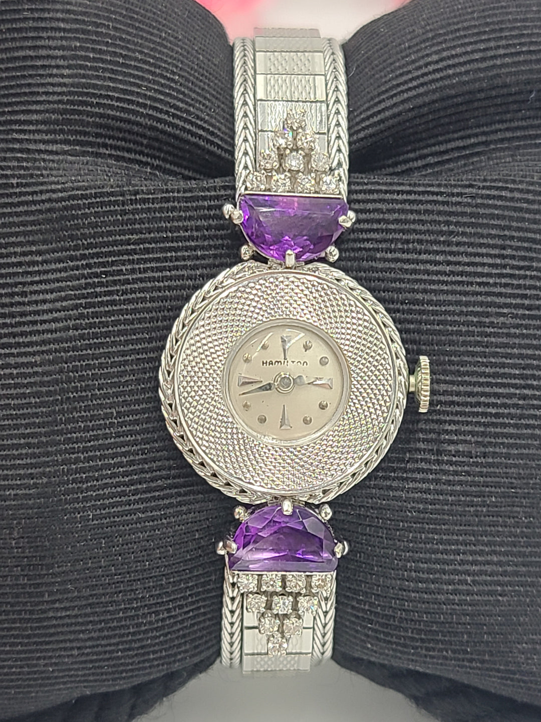 k799 Stunning Ladies Vintage 14kt White Gold Diamond and Amethyst Mechanical Wristwatch