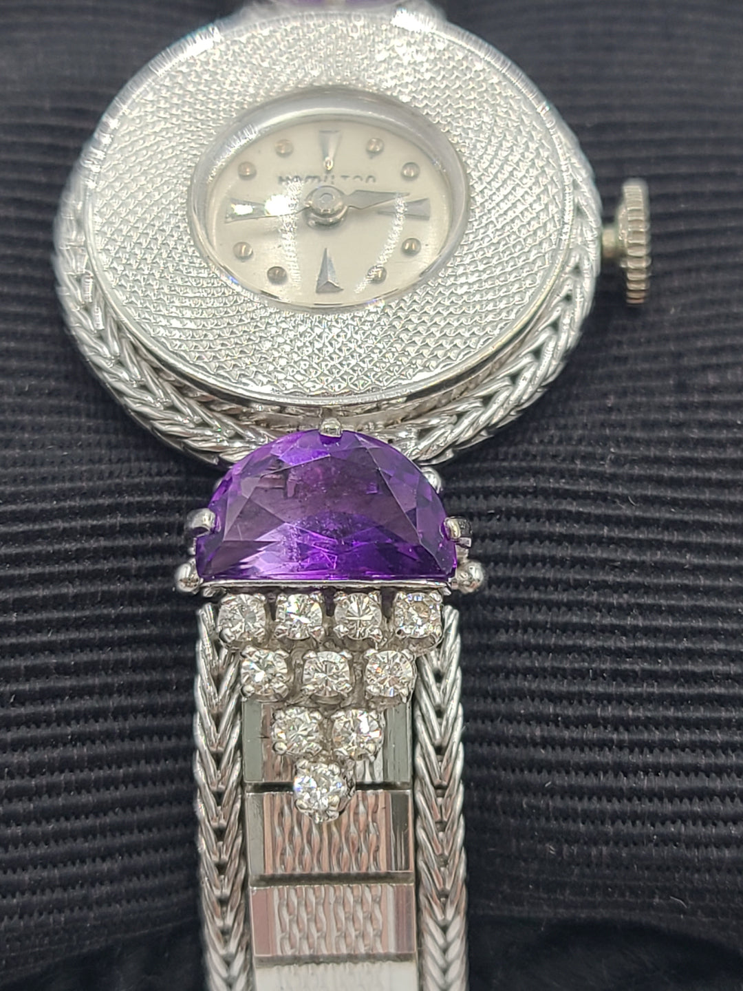 k799 Stunning Ladies Vintage 14kt White Gold Diamond and Amethyst Mechanical Wristwatch