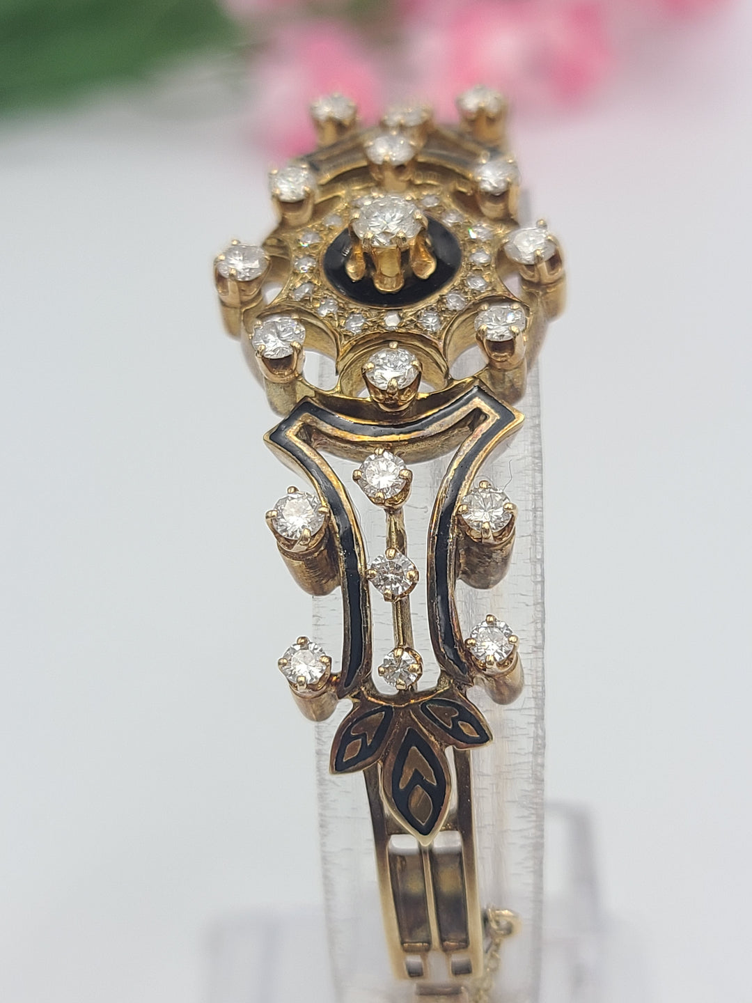 k821 Gorgeous Vintage Diamond and Enamel Bracelet in 14kt Yellow Gold