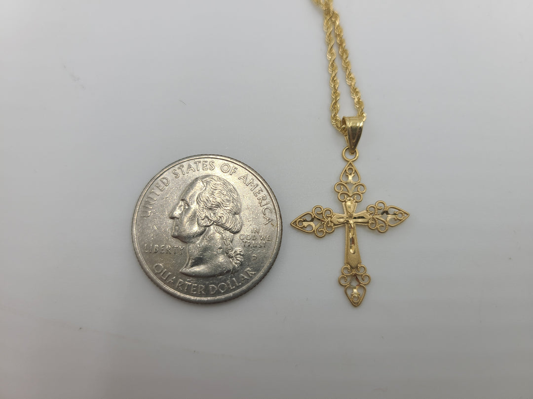 k704 Petite Girls 14kt Yellow Gold Cross Pendant and 16" Rope Chain