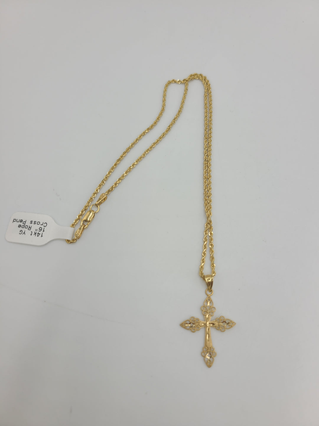 k704 Petite Girls 14kt Yellow Gold Cross Pendant and 16" Rope Chain