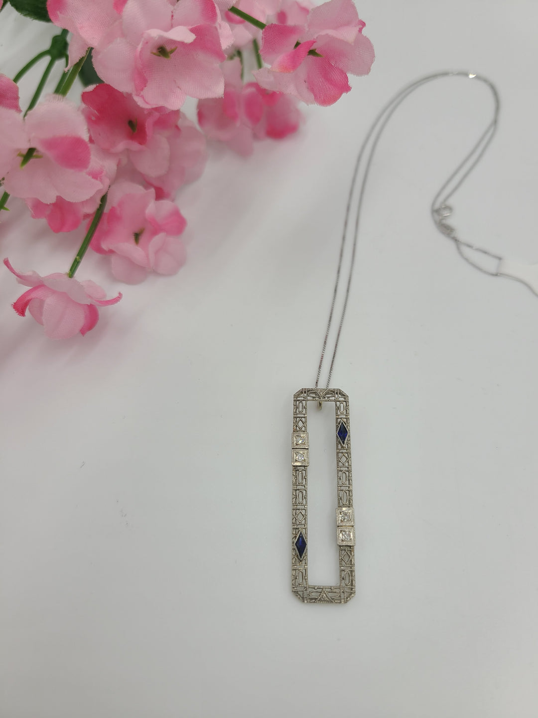 k702 Ladies Vintage 14kt White Gold Rectangular Filigree Pendant with Diamonds & Sapphires on a 20" Box Chain