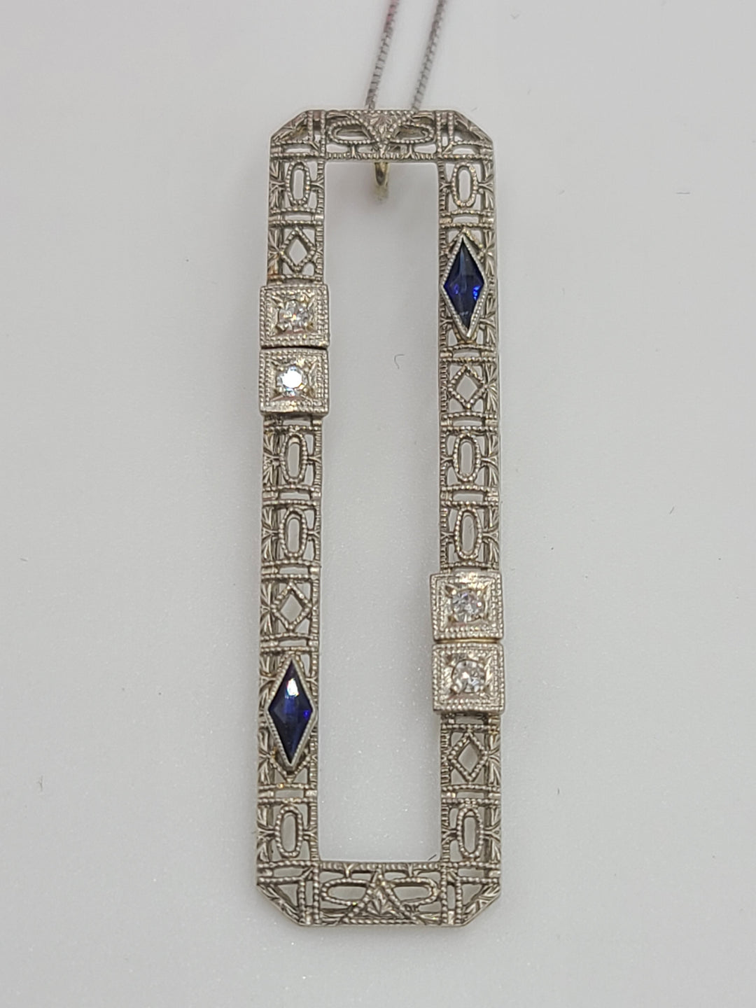 k702 Ladies Vintage 14kt White Gold Rectangular Filigree Pendant with Diamonds & Sapphires on a 20" Box Chain