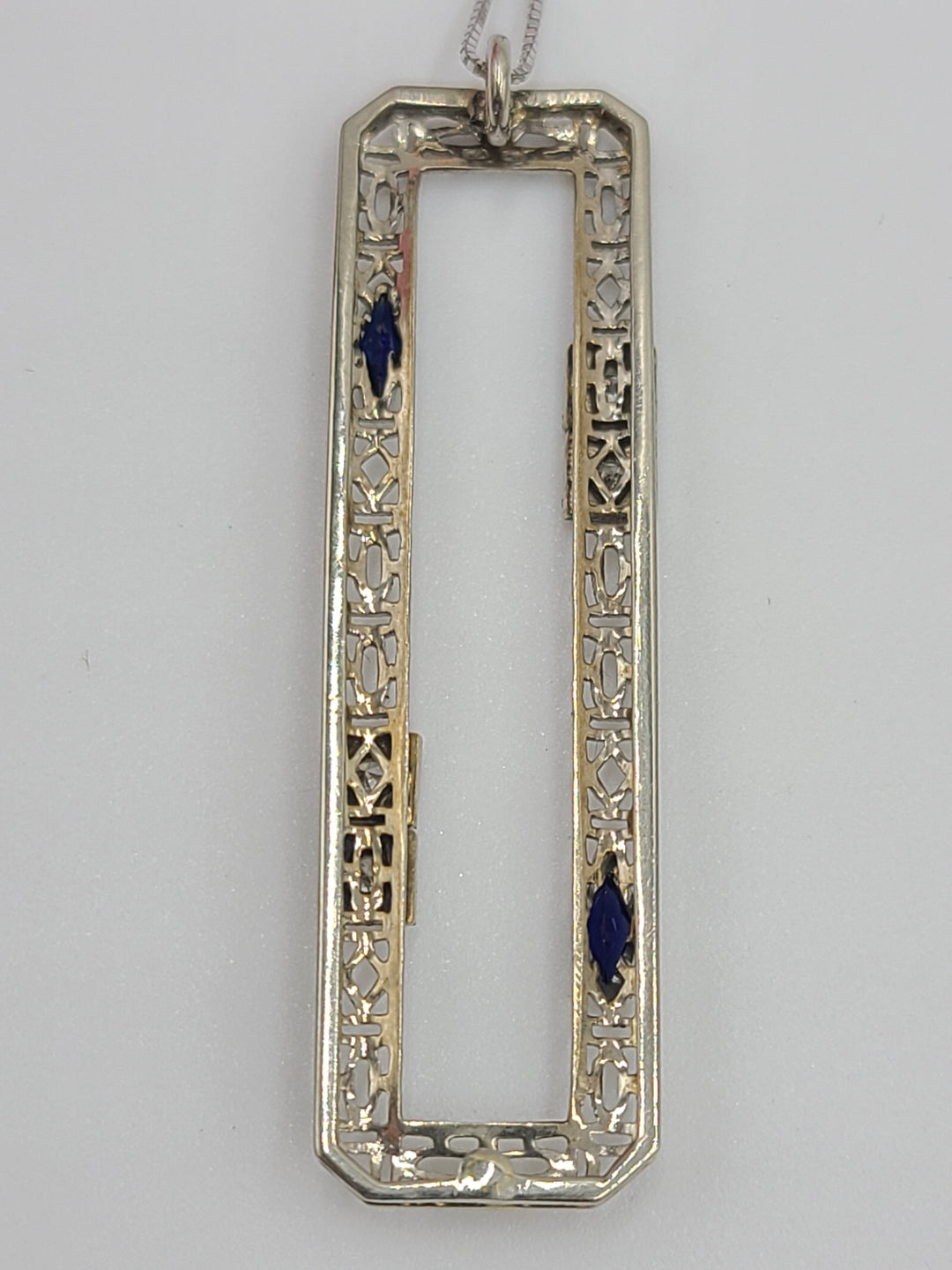 k702 Ladies Vintage 14kt White Gold Rectangular Filigree Pendant with Diamonds & Sapphires on a 20" Box Chain