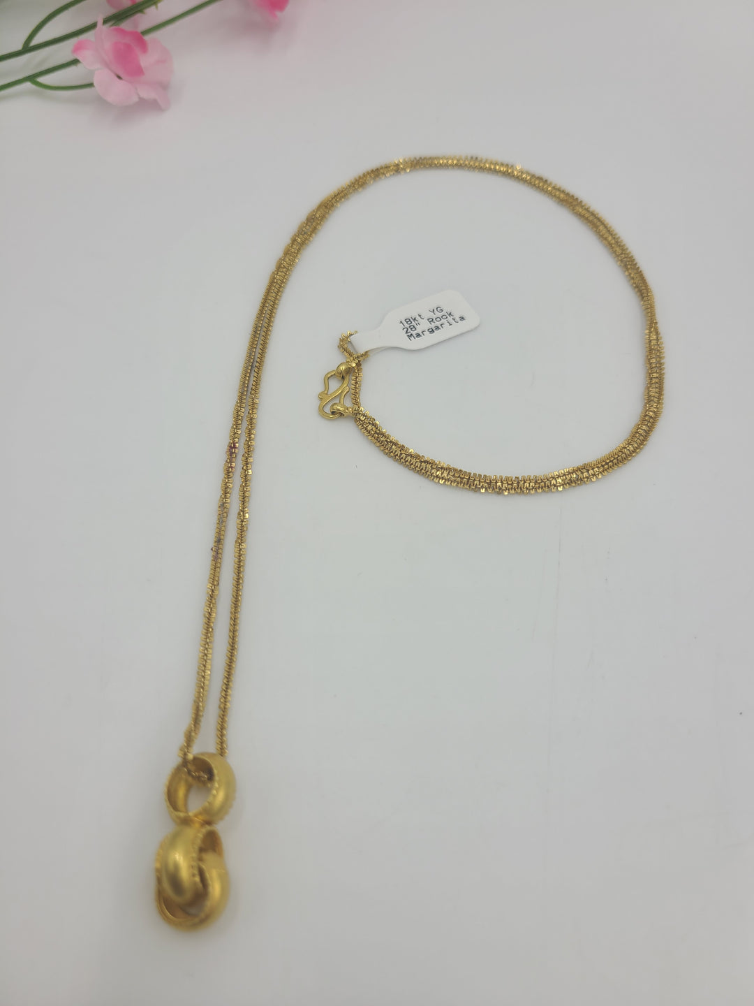 k735 Unique 18kt Yellow Gold 28" Rock Margarita Style Chain with 3 Hanging Rings