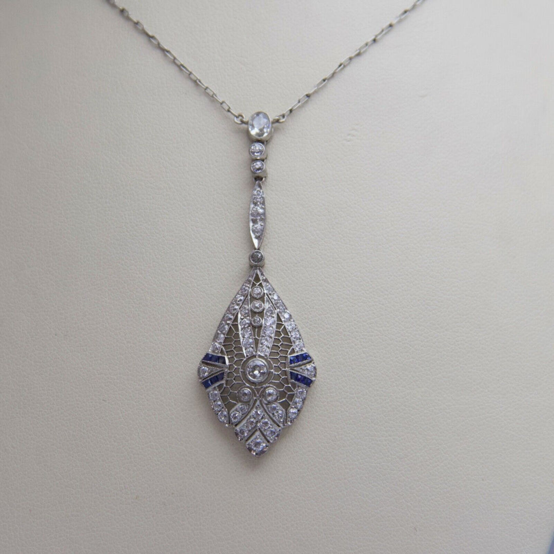 d625 Lovely Platinum Sapphire Diamond Filigree Pendant with 14kt WG Necklace