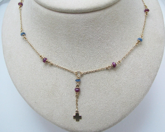 j014 Beautiful Lariat Style Necklace in14k Yellow Gold Necklace with Blue and Red Stone