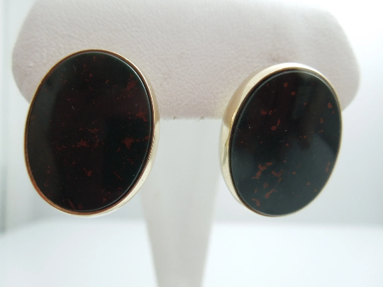 a840 Vintage Blood Stone Dangle Earrings in 14k Yellow Gold