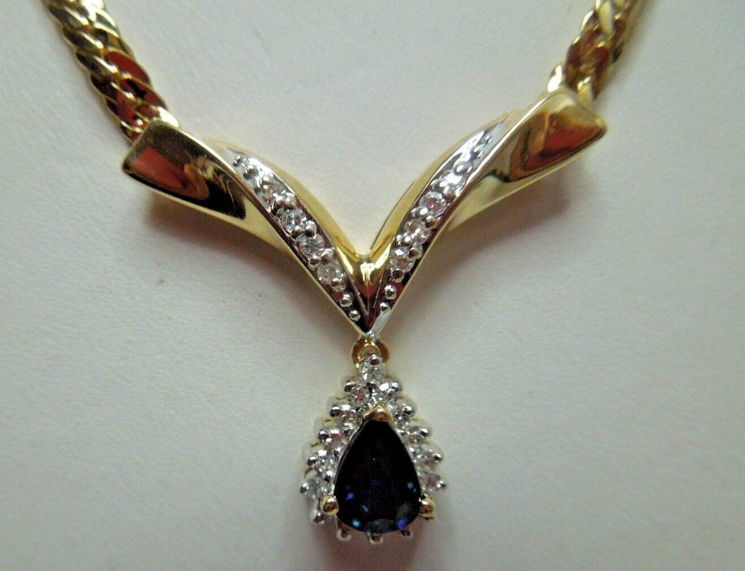 r168 14kt Yellow Gold beautiful Diamond and Sapphire Pendant Necklace 17" Made In Italy Signed 8.3g