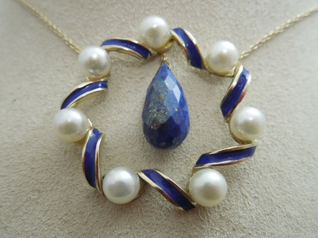 a1032 Lovely Vintage 14kt Yellow Gold Pearl and Enamel Piece on an 18kt Yellow Gold Necklace