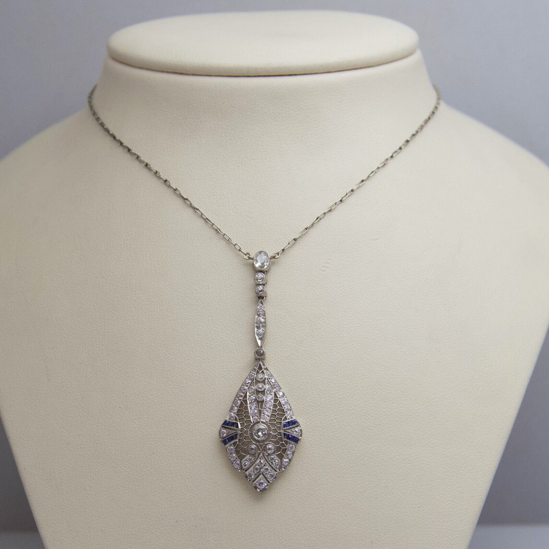 d625 Lovely Platinum Sapphire Diamond Filigree Pendant with 14kt WG Necklace