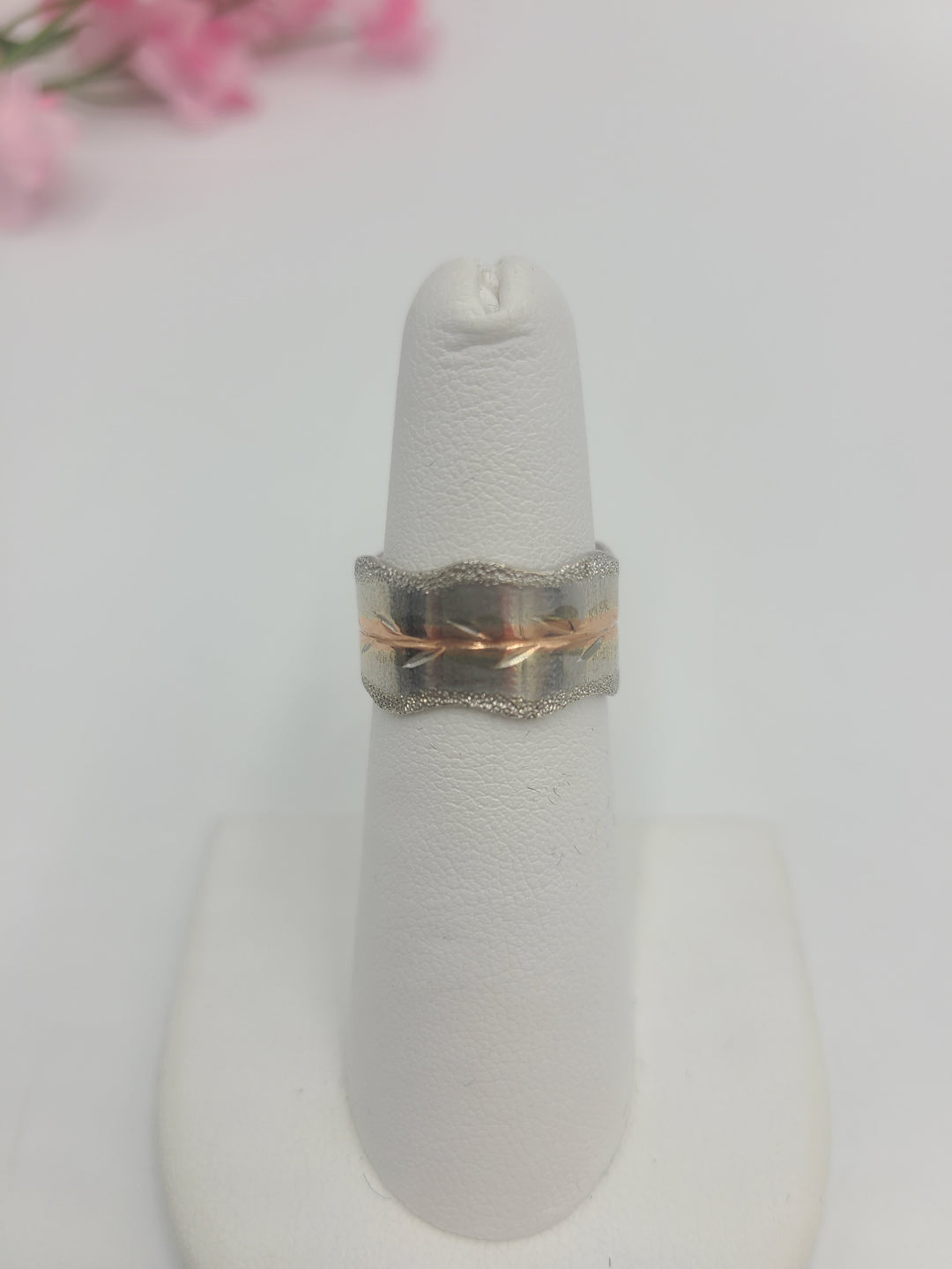 k785 Brushed Two Toned 14kt White & Rose Gold Wedding Band with Stardust Edging