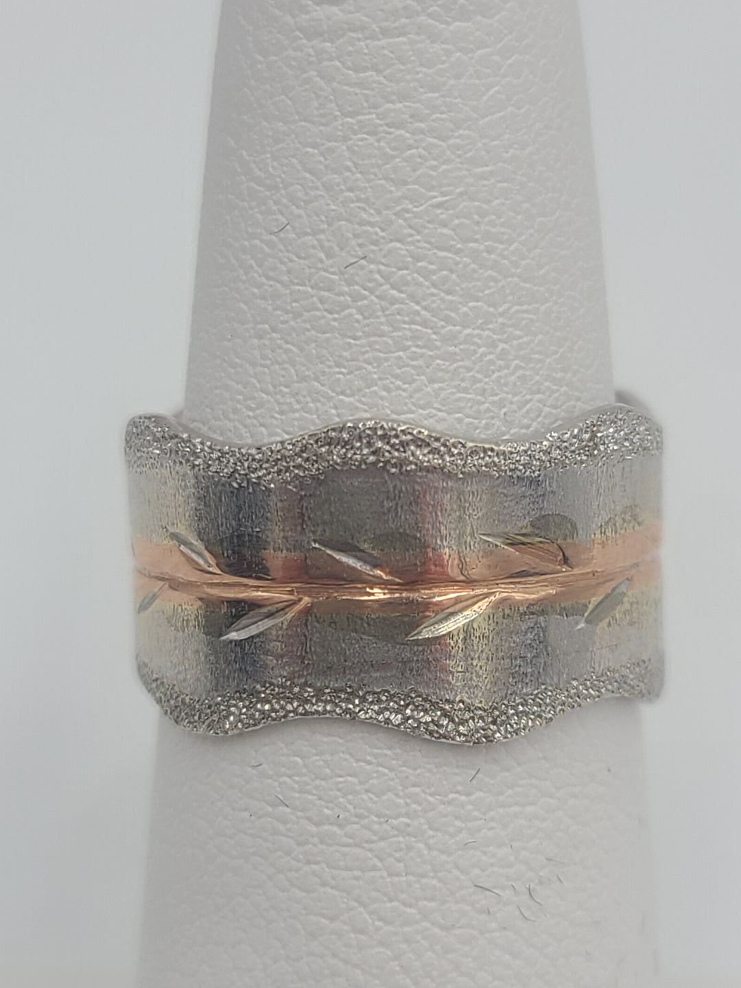 k785 Brushed Two Toned 14kt White & Rose Gold Wedding Band with Stardust Edging