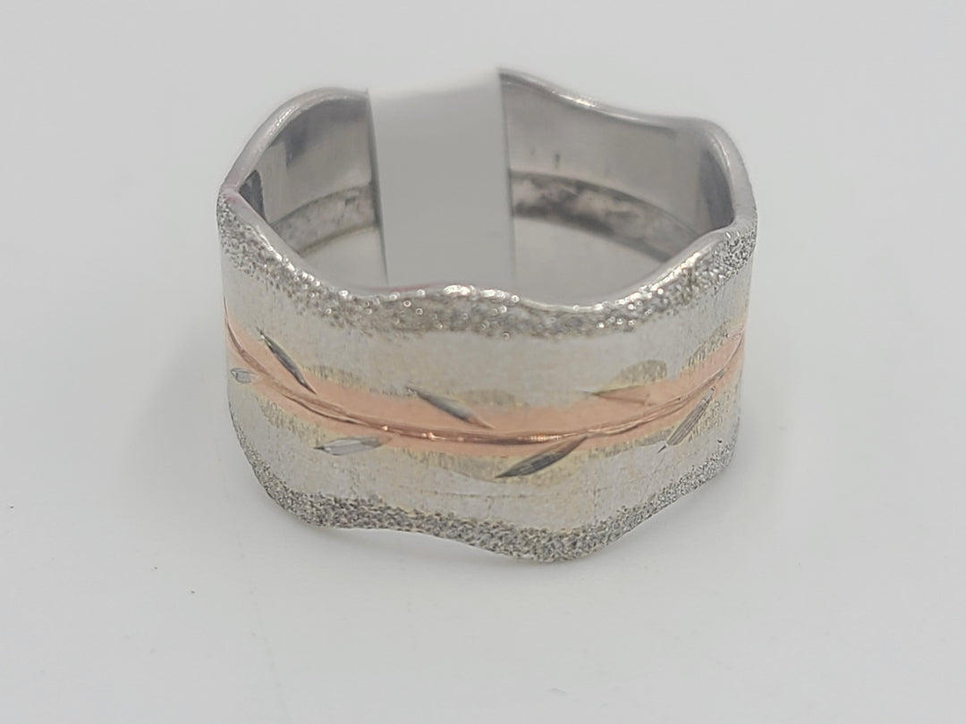 k785 Brushed Two Toned 14kt White & Rose Gold Wedding Band with Stardust Edging