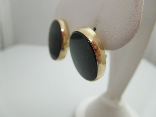 a840 Vintage Blood Stone Dangle Earrings in 14k Yellow Gold