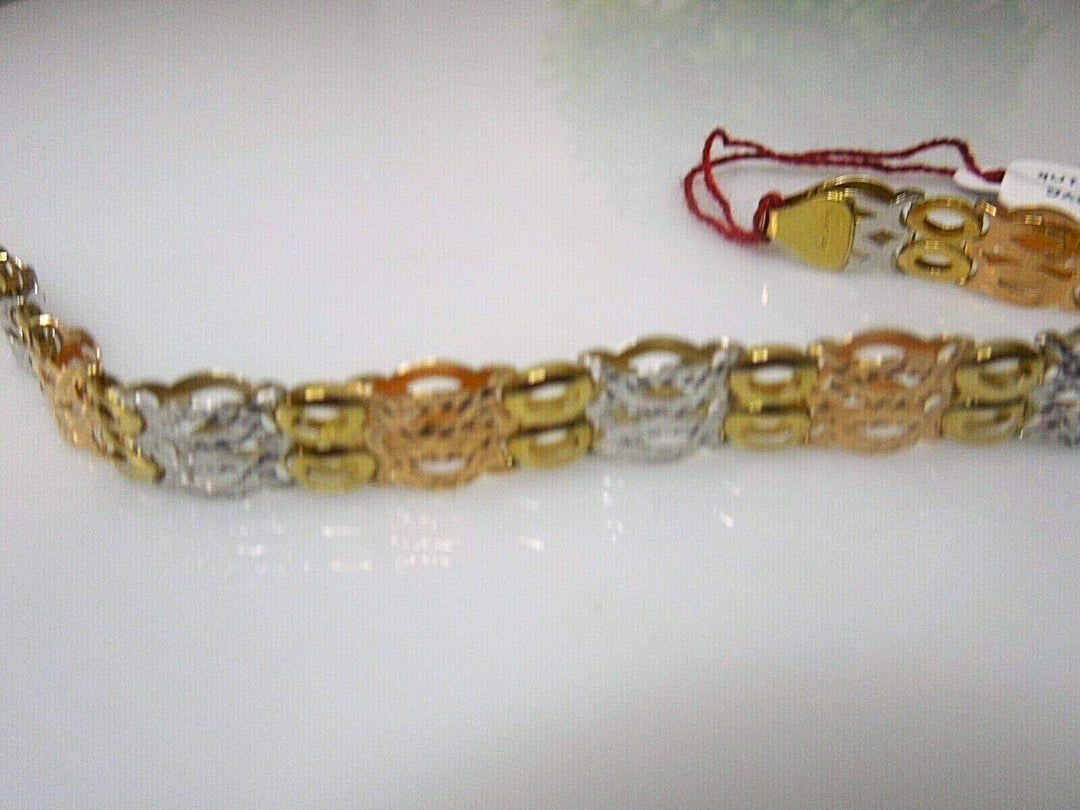 q656 Beautiful 14kt White Rose Yellow Gold Open Link Bracelet 7.75"