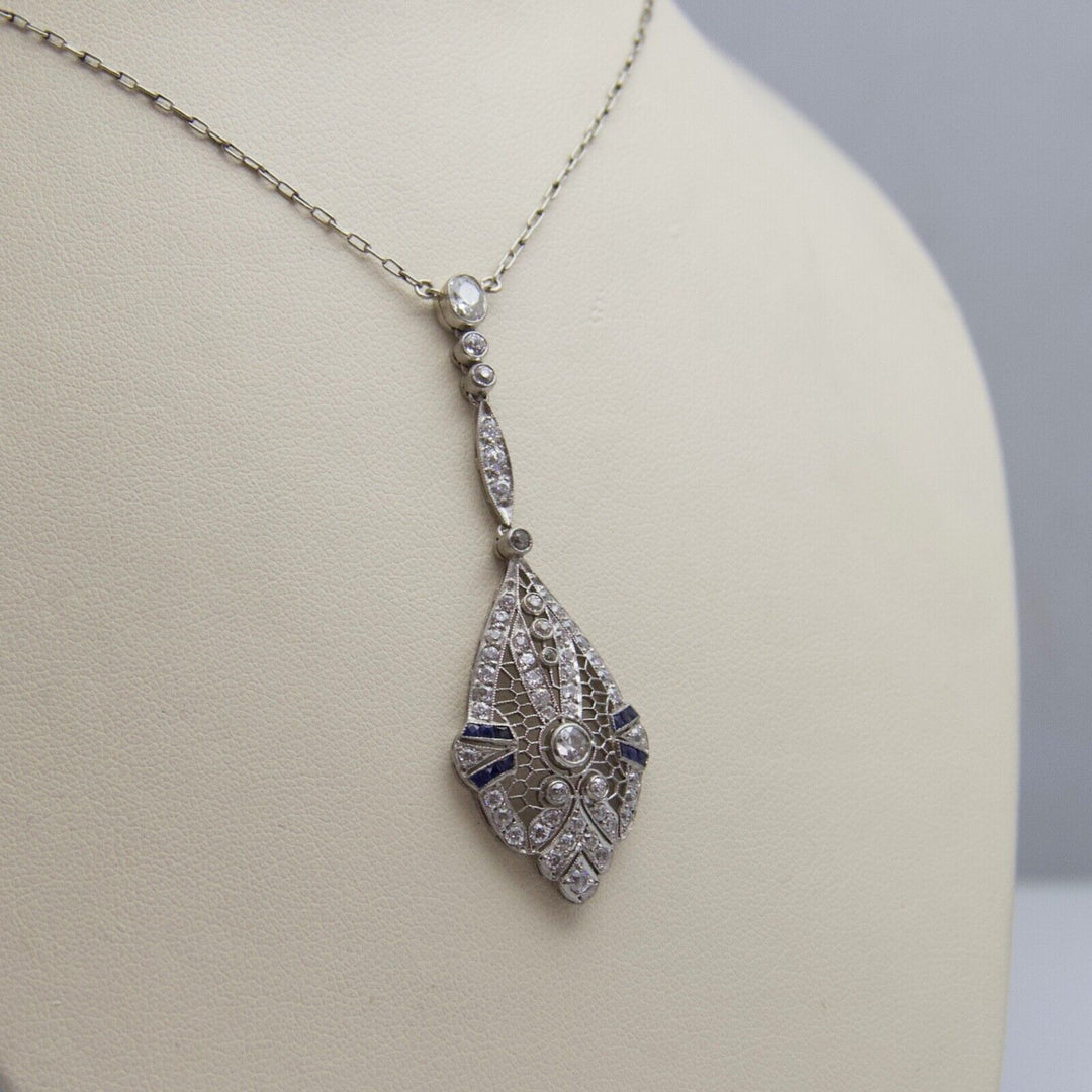 d625 Lovely Platinum Sapphire Diamond Filigree Pendant with 14kt WG Necklace