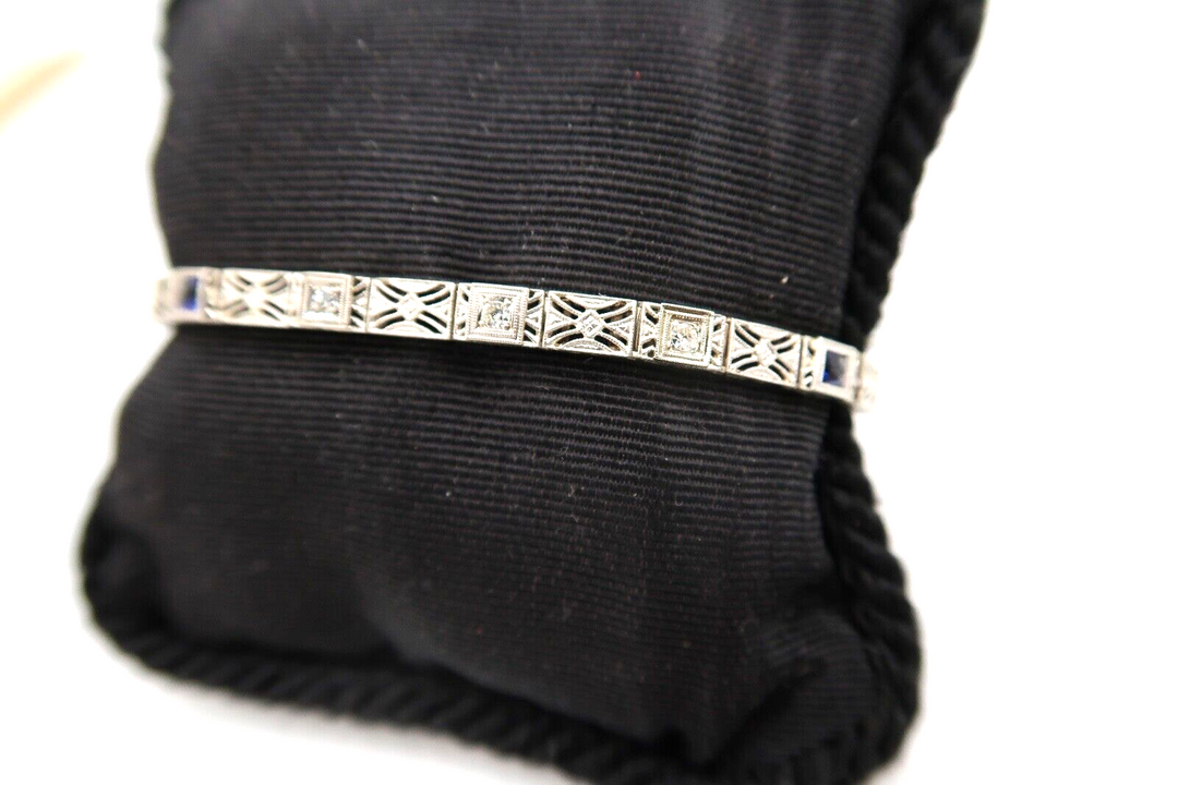 t289 14kt White Gold Diamond .09c TDW Sapphire Bracelet 7",14kt White Gold Brace