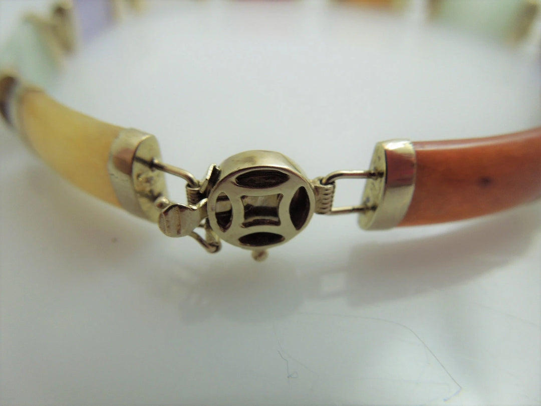 g908 Beautiful 14kt Yellow Gold Multicolored Jade 8" Bracelet