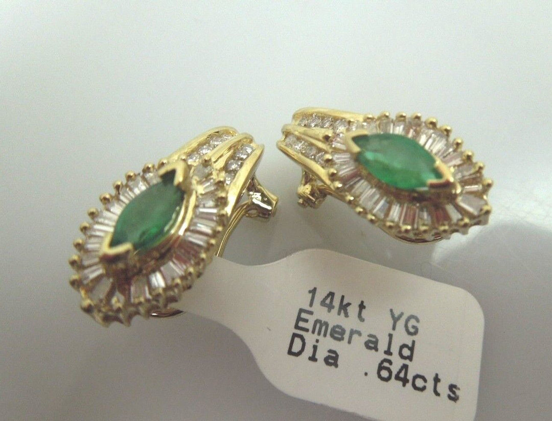 r166 14kt Yellow Gold Emerald Diamond .64 cts Beautiful Earrings 6.2g