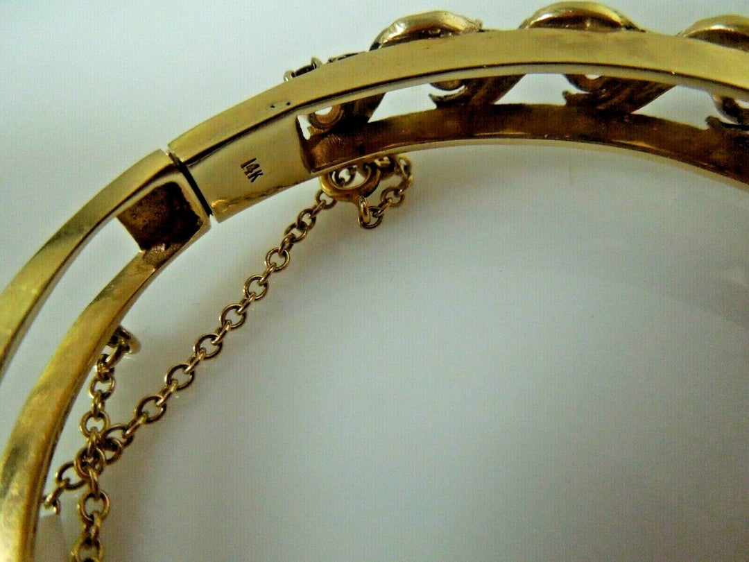 r118 14k Yellow Gold Garnet Seed Pearl Beautiful Bangle Bracelet with Safety Chain 19g Signed