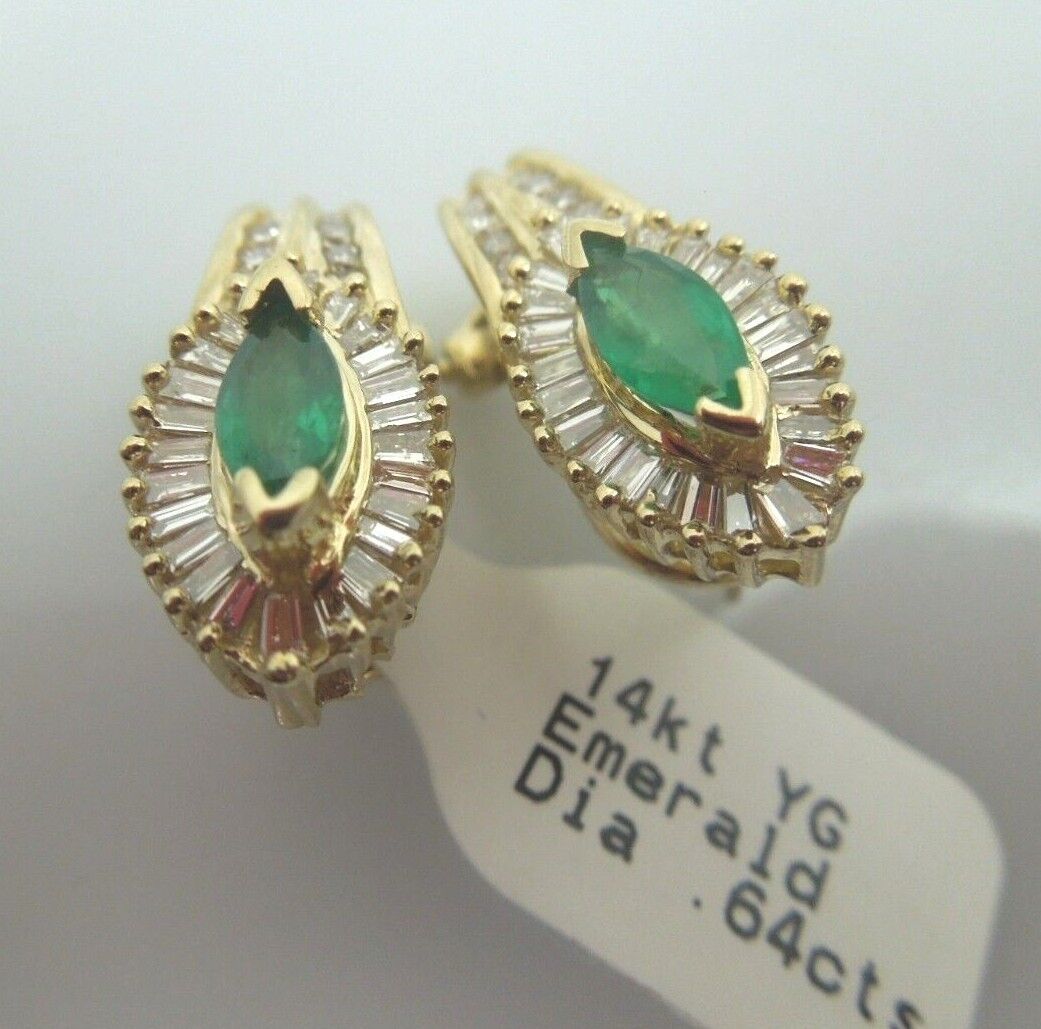 r166 14kt Yellow Gold Emerald Diamond .64 cts Beautiful Earrings 6.2g