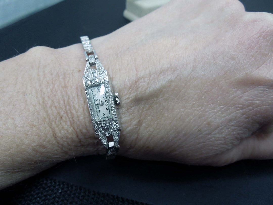 h504 Gorgeous Vintage Platinum 1930s Perfine Diamond watch 14k Band