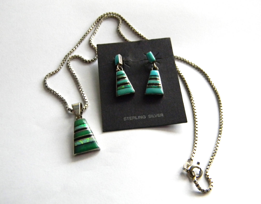 p381 Unique Sterling and Turquoise Necklace and Earring Set