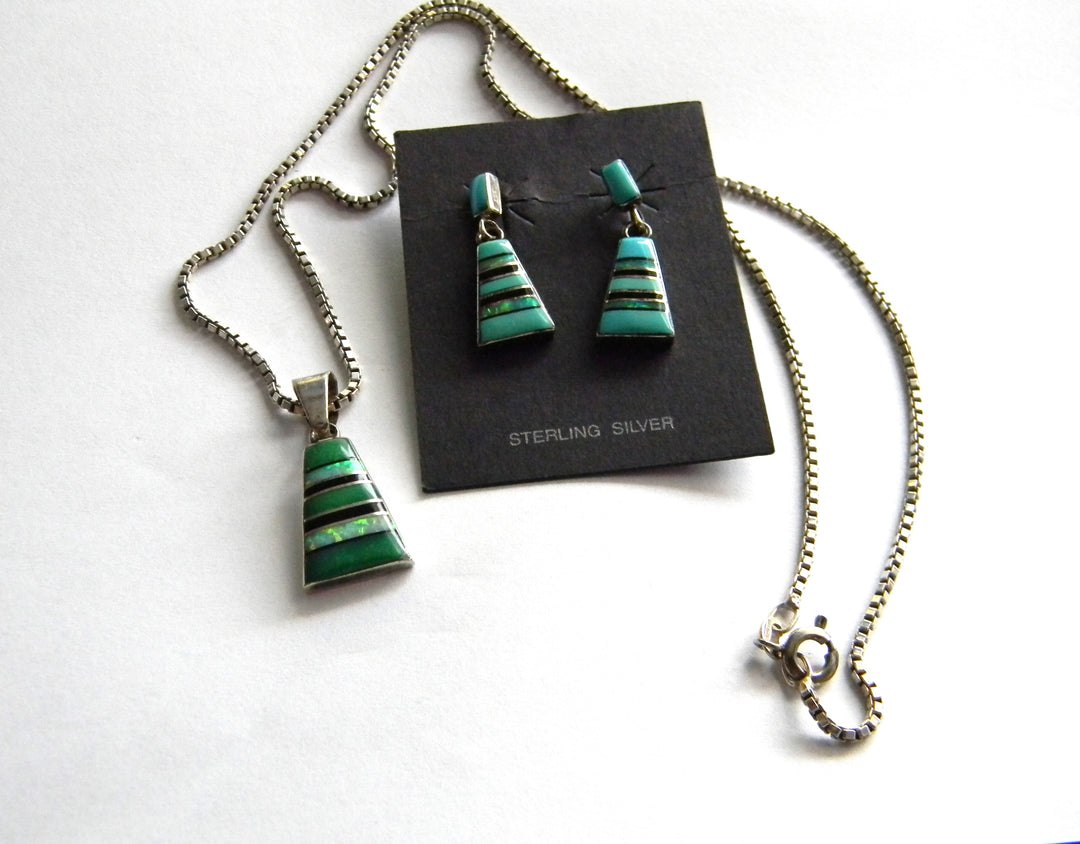 p381 Unique Sterling and Turquoise Necklace and Earring Set