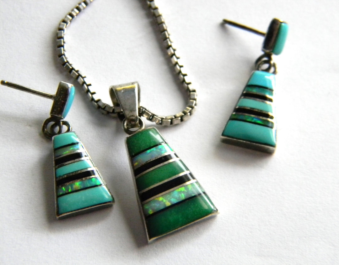 p381 Unique Sterling and Turquoise Necklace and Earring Set