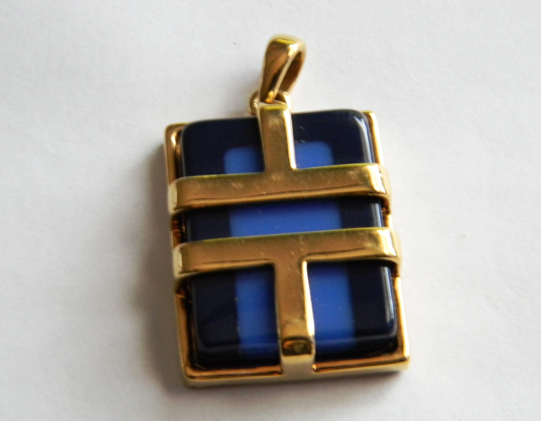 p383 Nice Rectangle Blue Acrylic stone in a Gold tone Cage Pendant