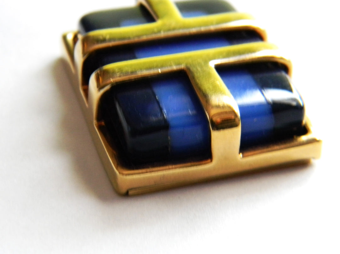 p383 Nice Rectangle Blue Acrylic stone in a Gold tone Cage Pendant