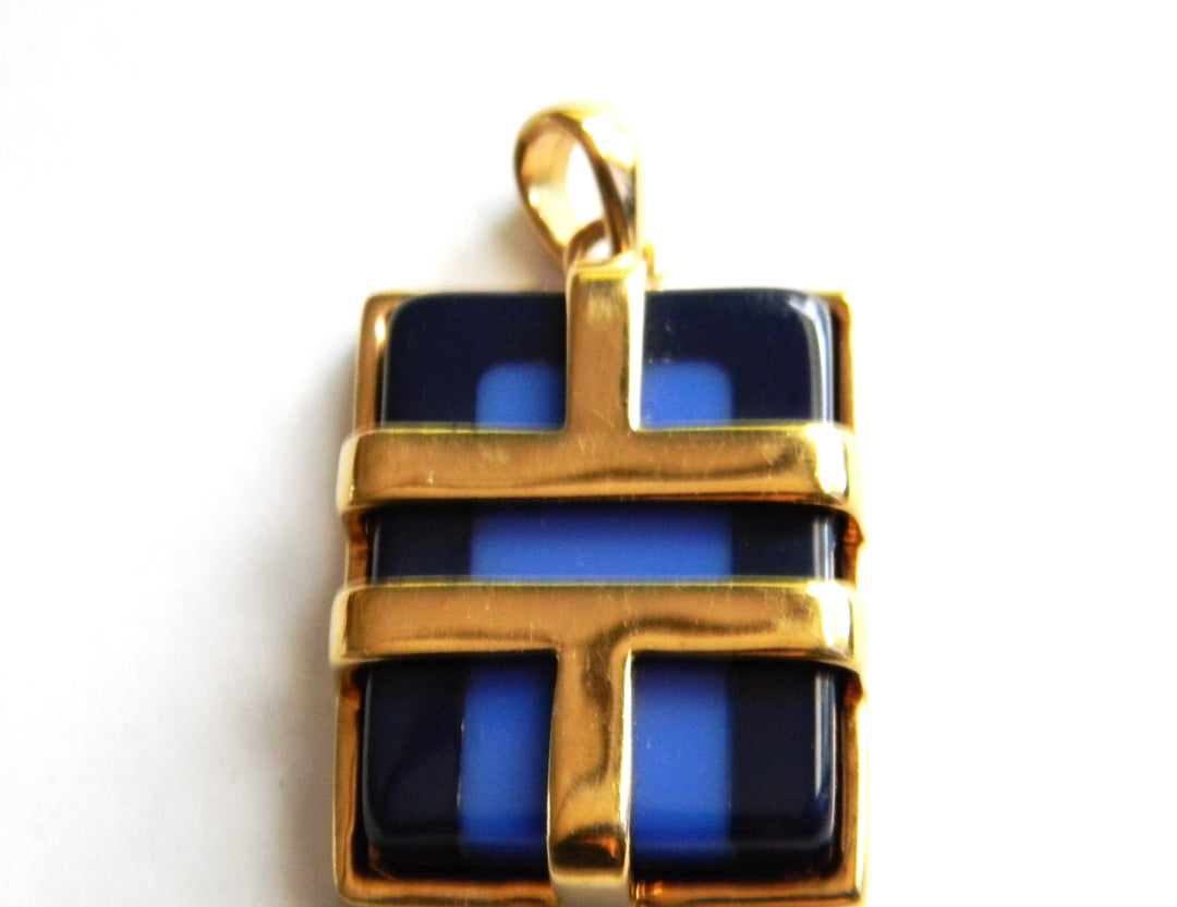 p383 Nice Rectangle Blue Acrylic stone in a Gold tone Cage Pendant