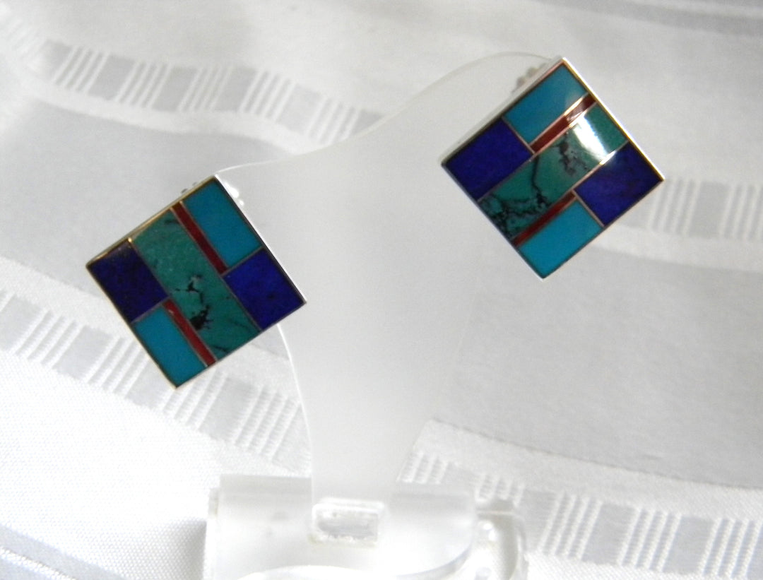 p389 Beautiful Square Sterling Silver Earrings with inset Turquoise and Lapis