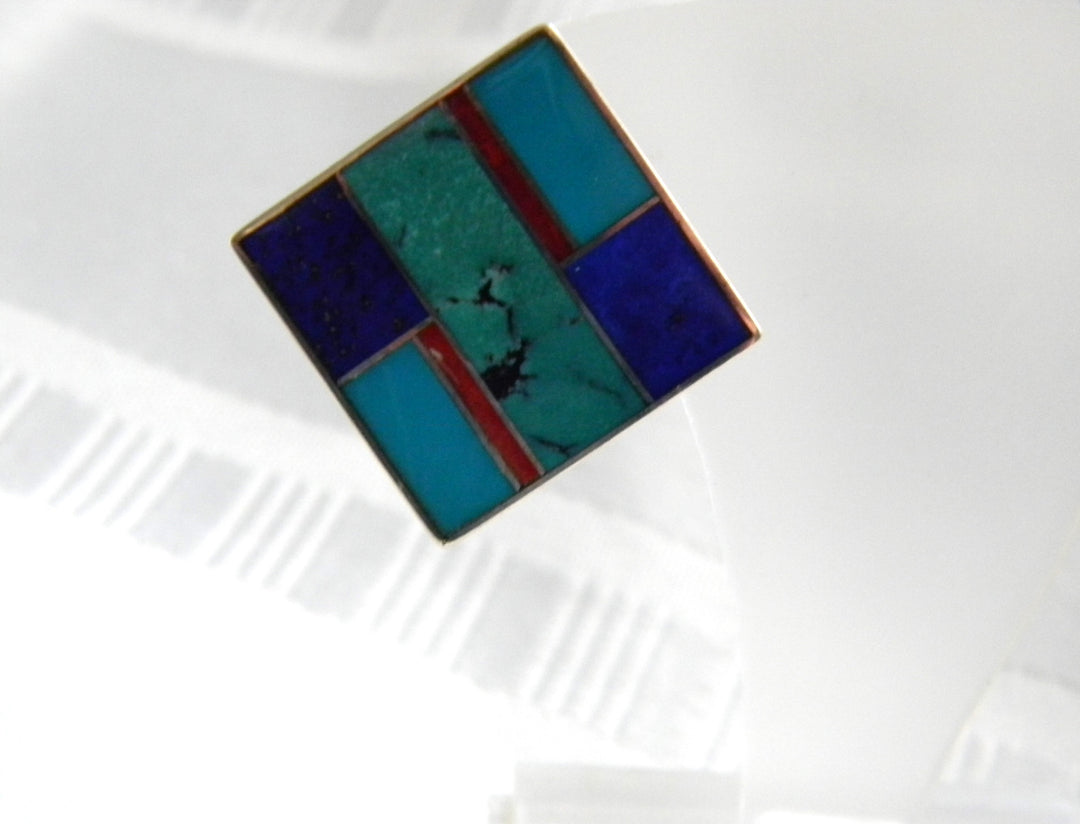 p389 Beautiful Square Sterling Silver Earrings with inset Turquoise and Lapis