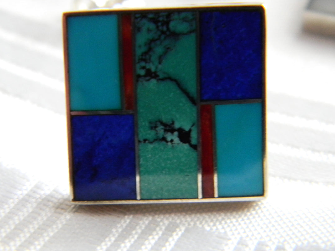 p389 Beautiful Square Sterling Silver Earrings with inset Turquoise and Lapis