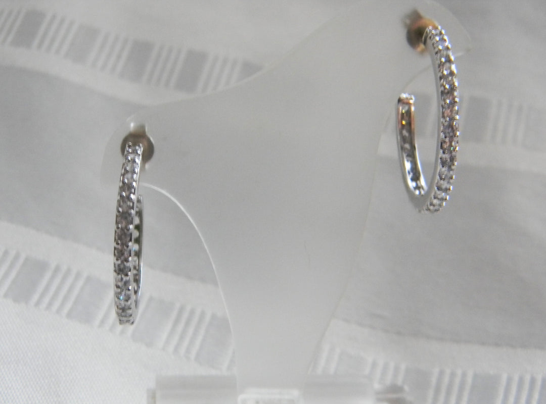 p390 Stunning Sterling Silver Hoop Earrings with Clear stones/ Butterfly backs