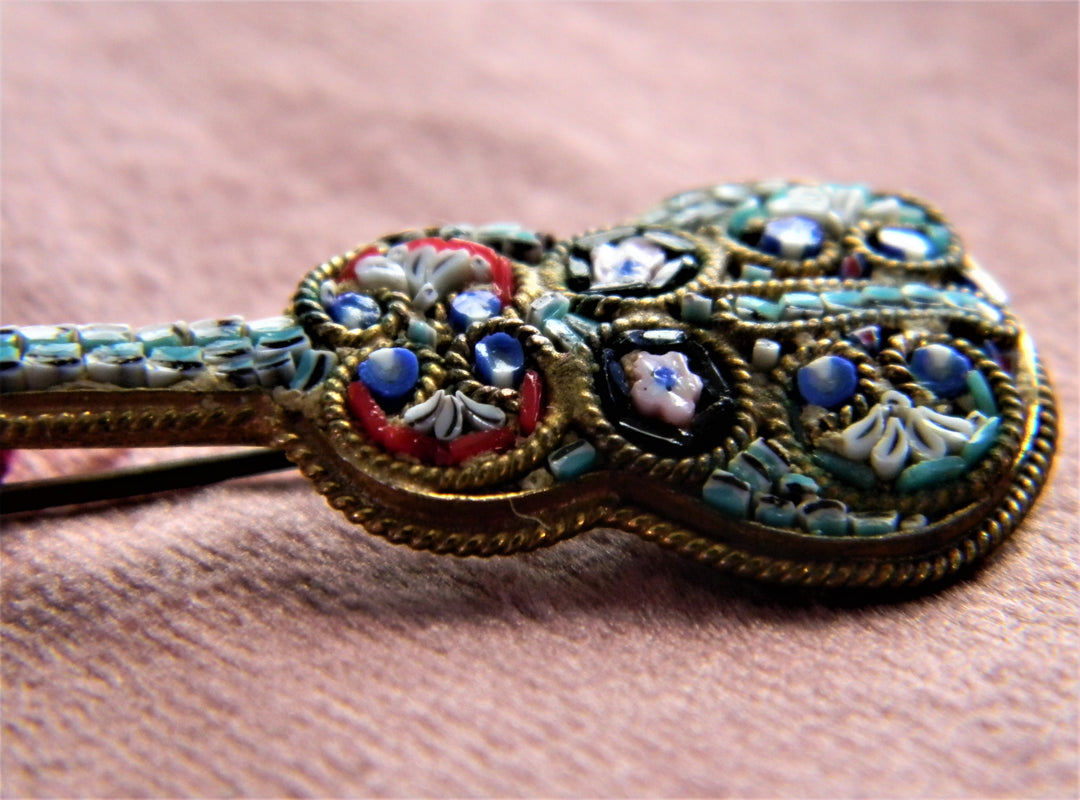 p399 Vintage Italian Guitar Shaped Micro Mosaic Brooch