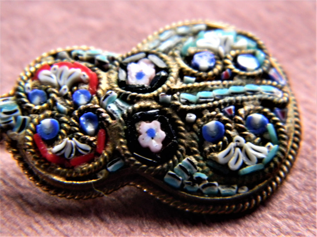 p399 Vintage Italian Guitar Shaped Micro Mosaic Brooch