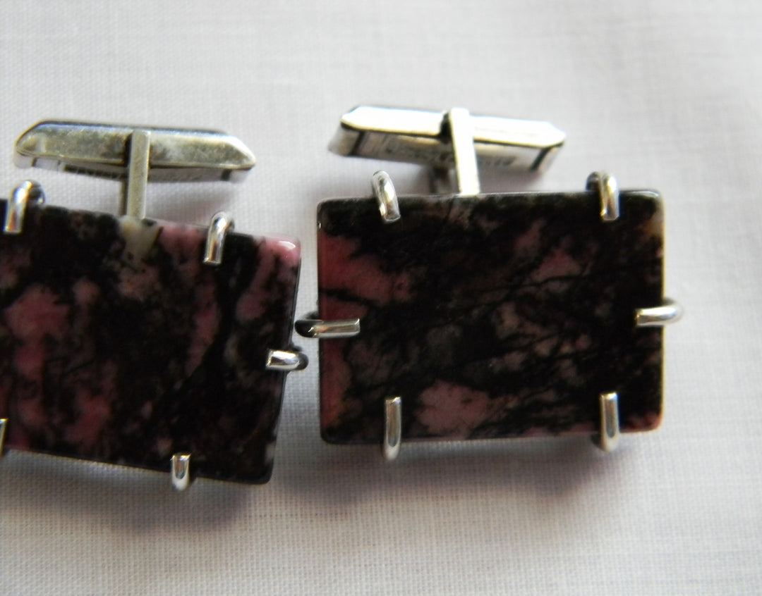 p419 Handsome Men's Sterling Silver Jez Originals Rhodonite Cufflinks