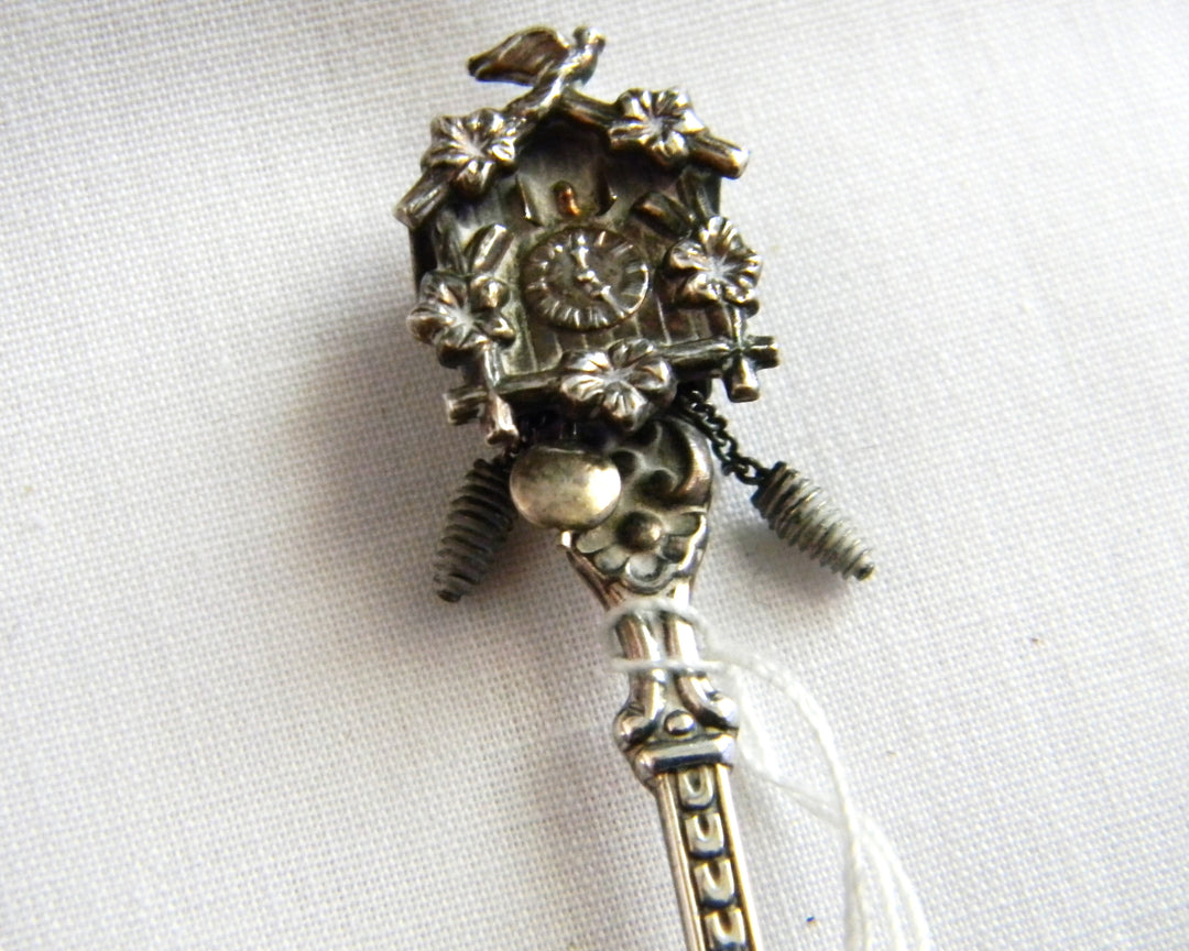 p453 Unique Preowned Silver Collector Spoon with Cucuko Clock at Top