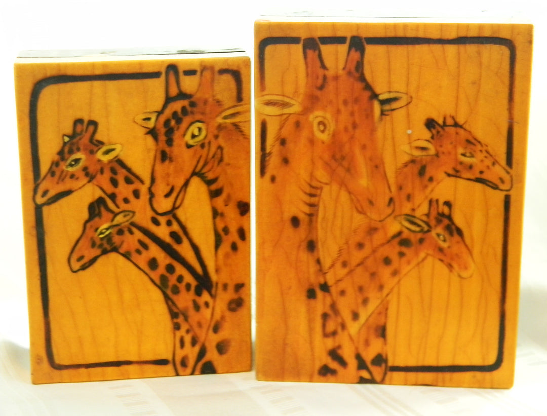 p458 Set of 2 Nesting Wood Boxes With Giraffe Designs on Lids made in China