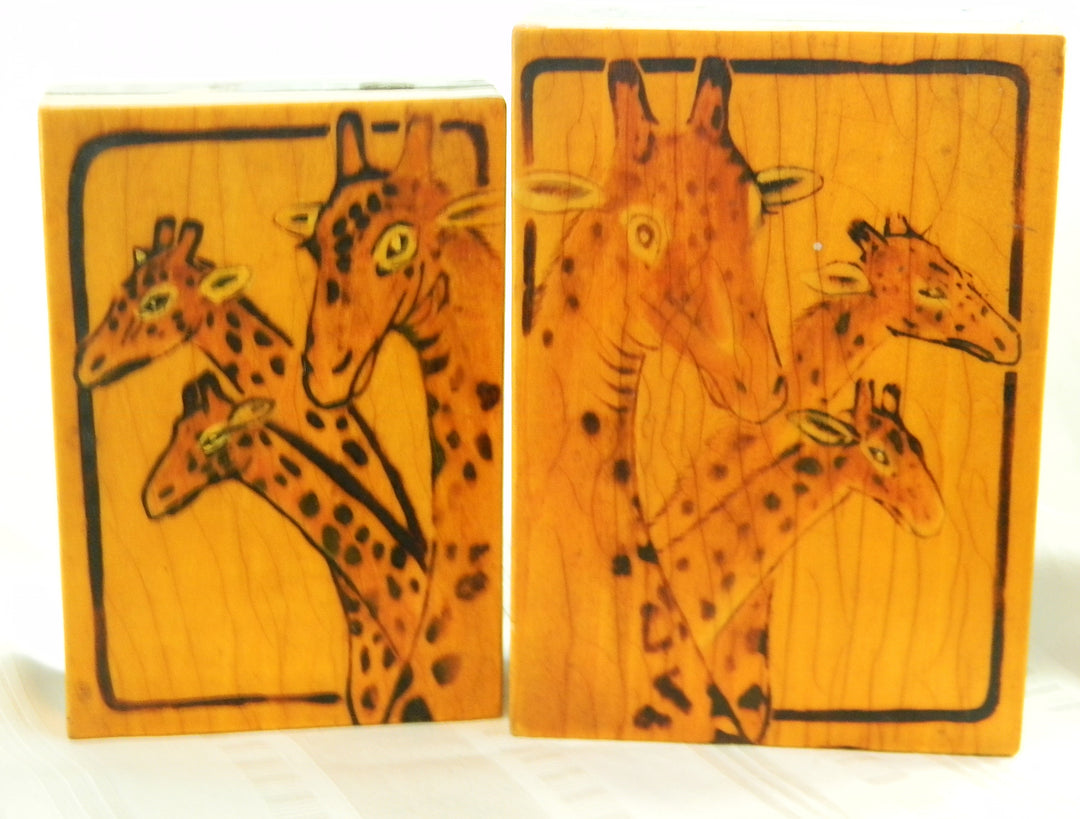 p458 Set of 2 Nesting Wood Boxes With Giraffe Designs on Lids made in China