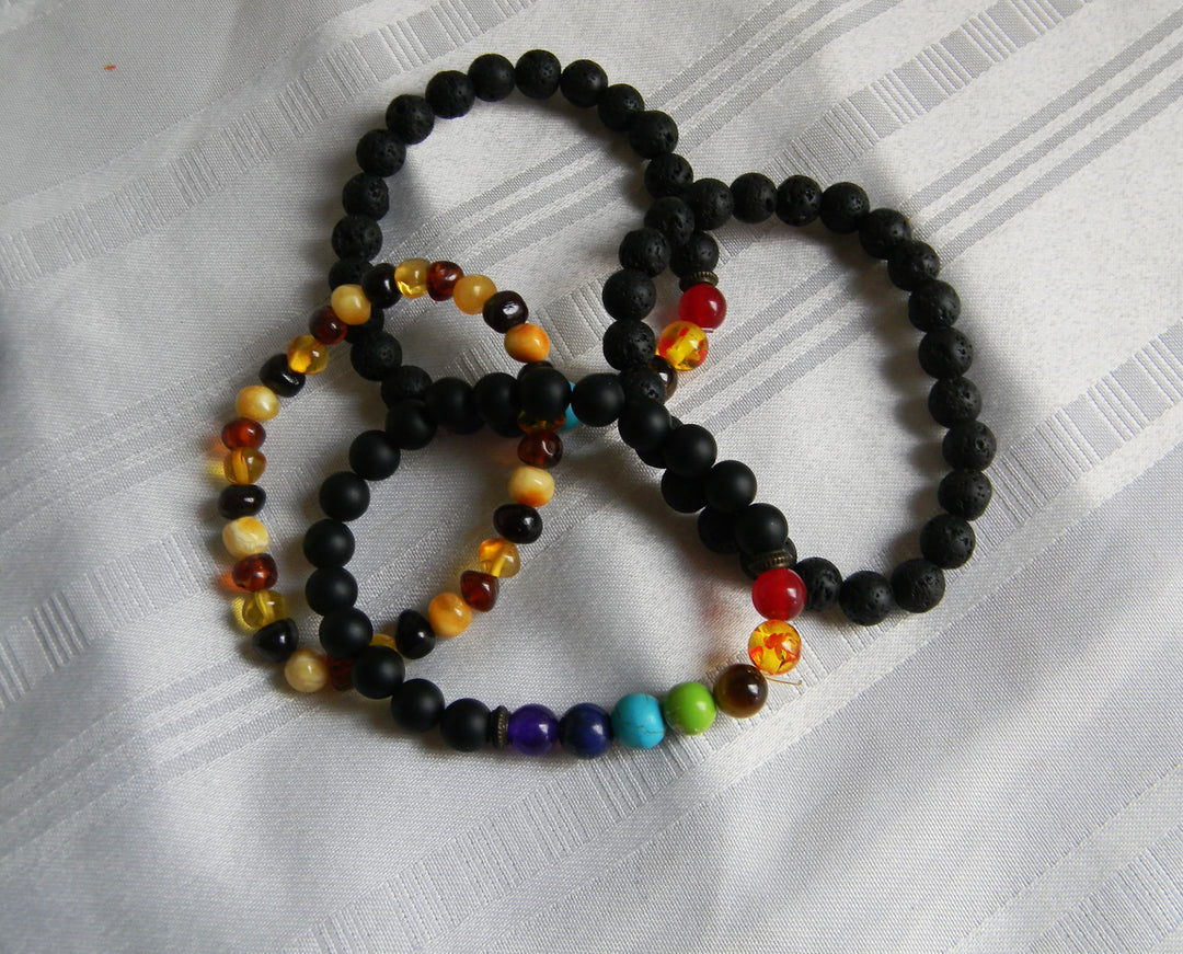 p469 Set of 5 Stretch Bracelets Lava Rock, Amber, Turquoise and Others