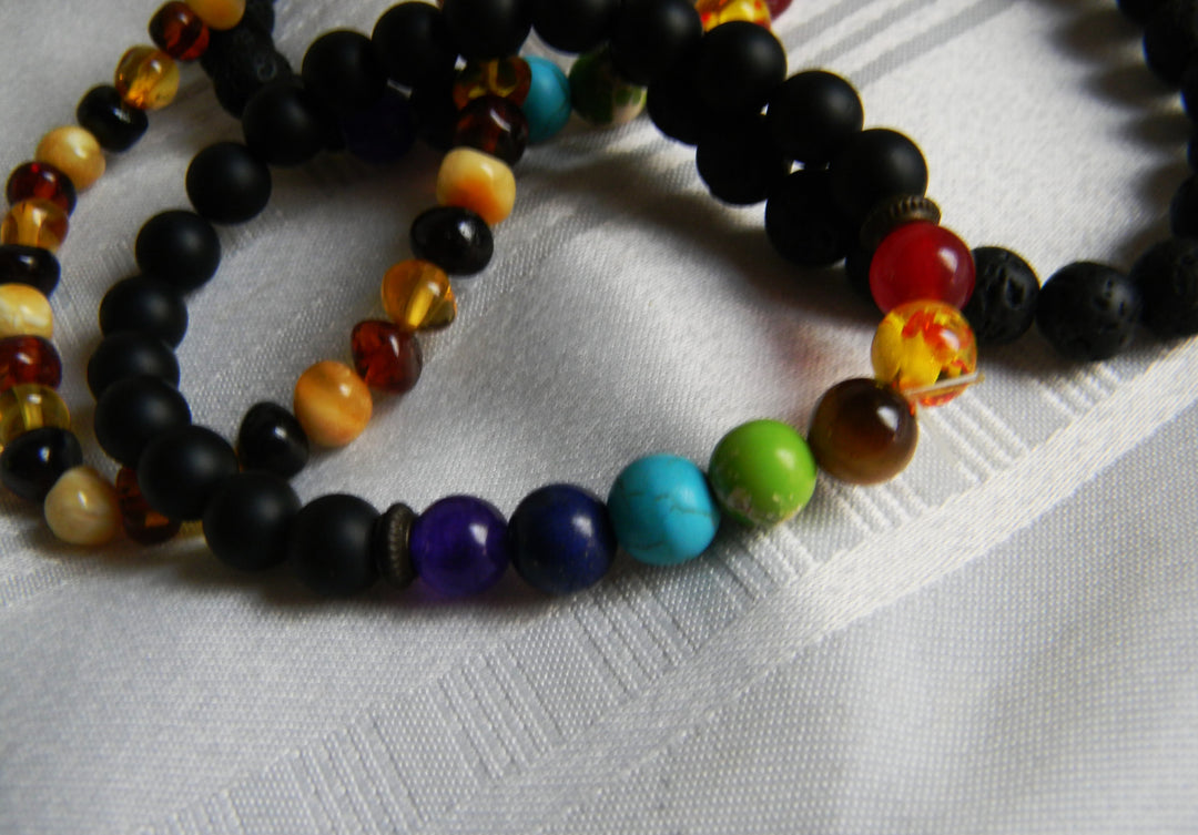 p469 Set of 5 Stretch Bracelets Lava Rock, Amber, Turquoise and Others