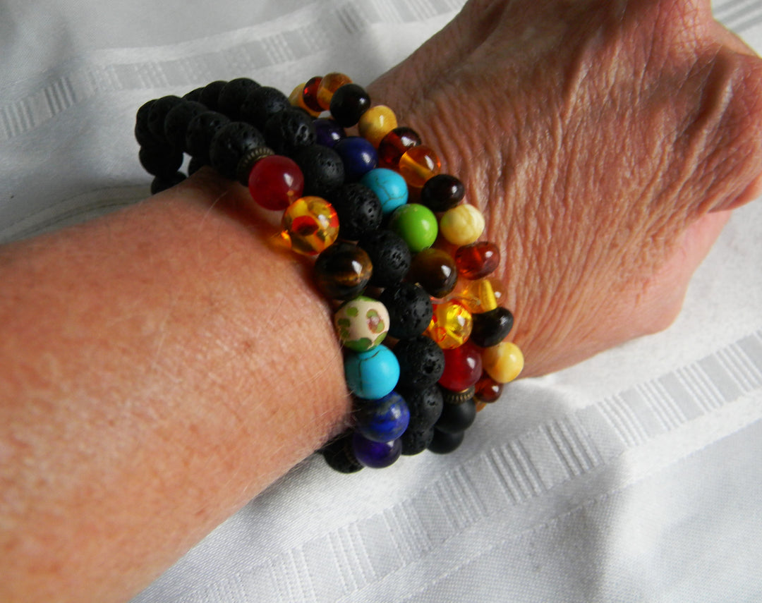 p469 Set of 5 Stretch Bracelets Lava Rock, Amber, Turquoise and Others