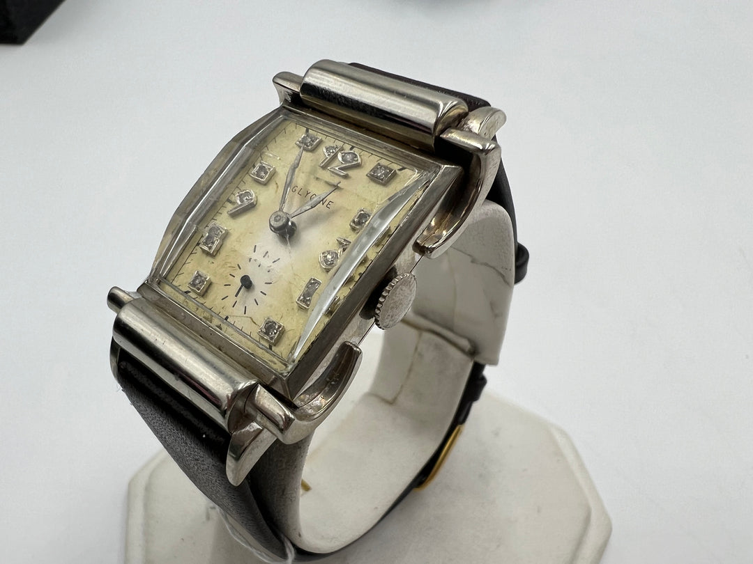 u069 Glycine 14k WG Diamond Art Deco Small Seconds Wrist Watch