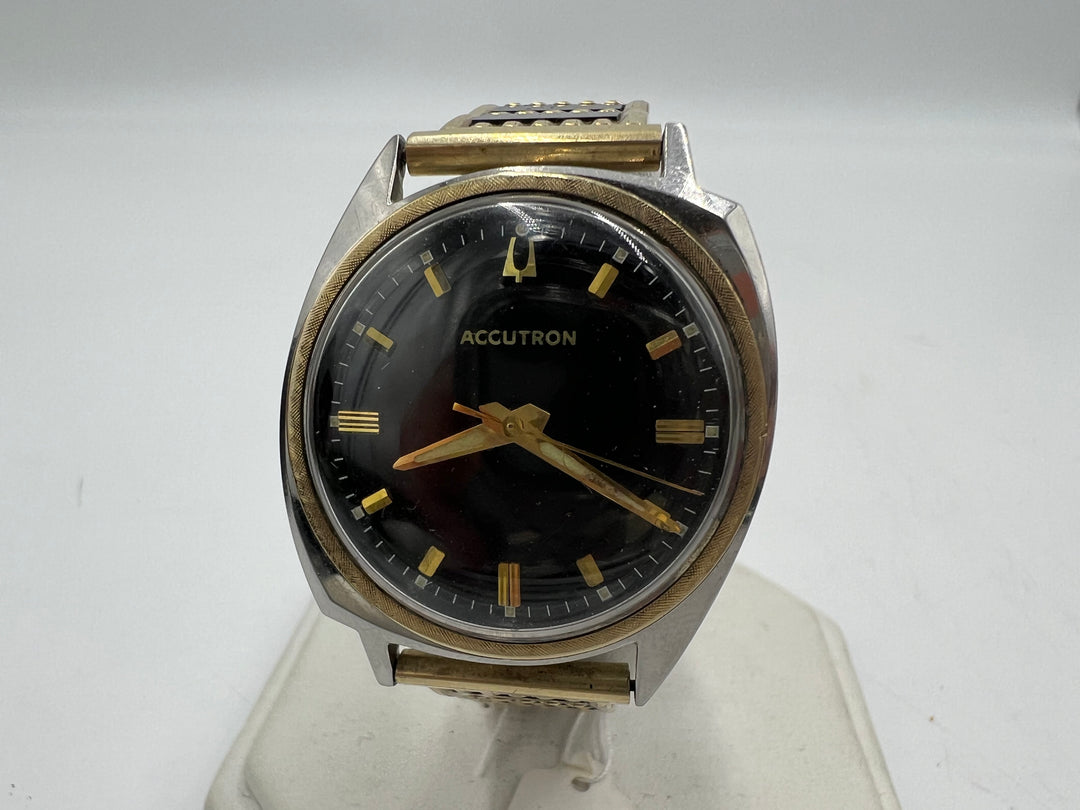 u074 Bulova Accutron 10kt Gold Filled Bezel Black Dial