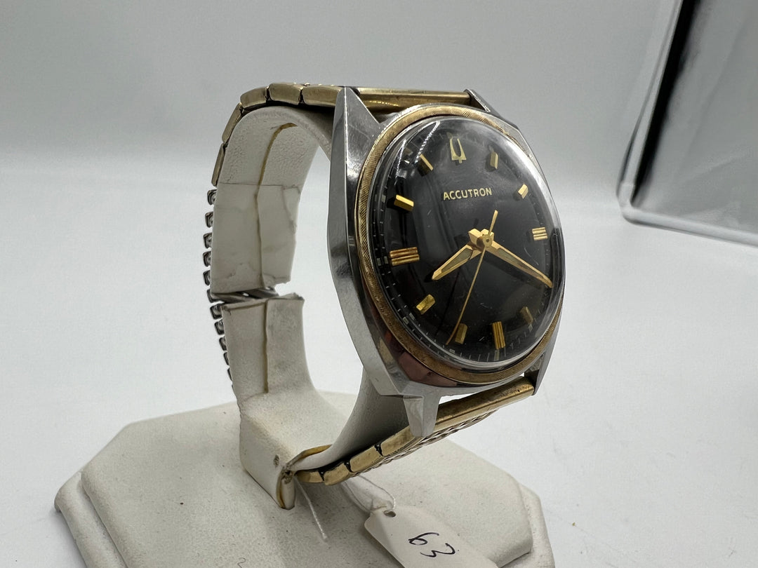 u074 Bulova Accutron 10kt Gold Filled Bezel Black Dial